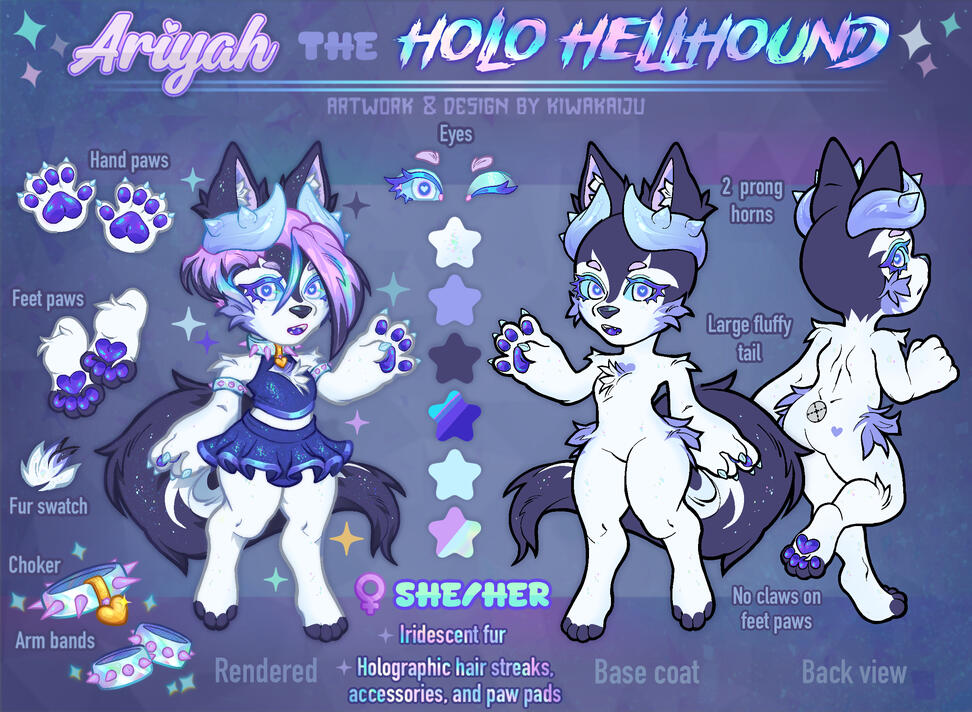 Reference sheet for a marten adoptable with a rainbow scenecore theme