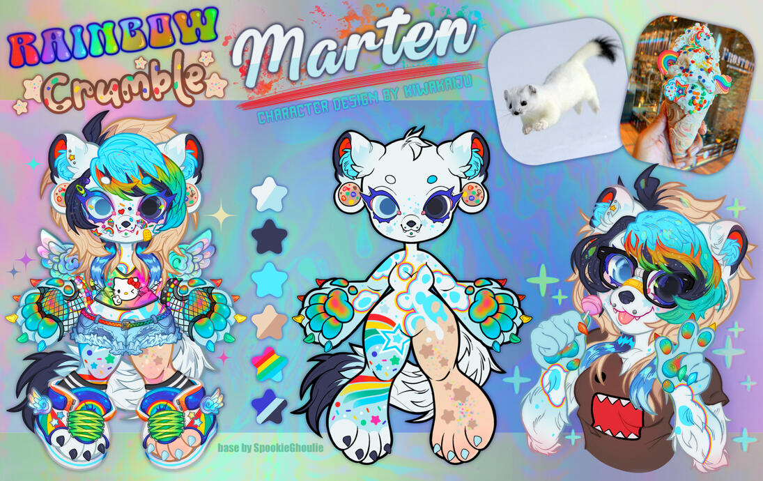 Reference sheet for a marten adoptable with a rainbow scenecore theme